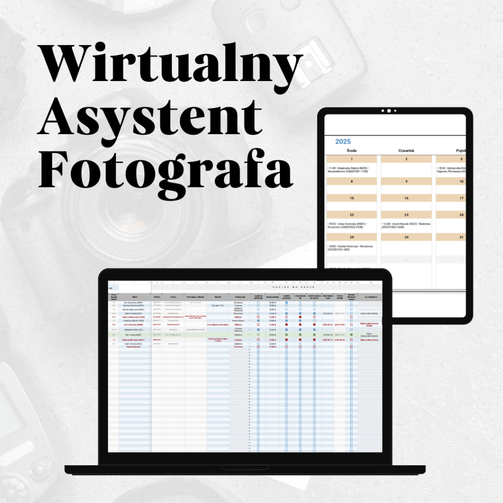 Wirtualny asystent fotografa, zapisy na sesje, kalendarz dla fotografa, baza klientów fotograf, notatnik fotograf, crm dla fotografa